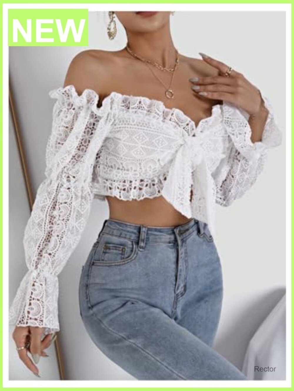 Deep V Neck Ruffle Trim Bell Sleeve Tie Front Lace Crop Top - Picture 3 of 5